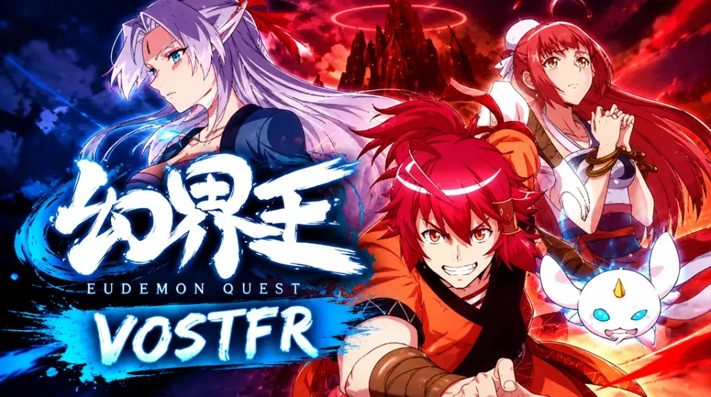 Illustration d’anime avec héros rouges, personnages fantastiques et logo VOSTFR