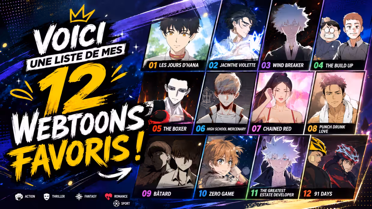 Affiche des 12 webtoons favoris, avec personnages d’anime et titres