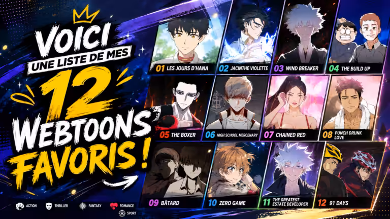 Affiche des 12 webtoons favoris, avec personnages d’anime et titres