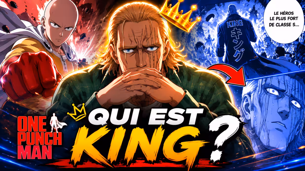 One-Punch Man : Qui est King ? Montage de One Punch Man et King avec texte « Qui est King ? »