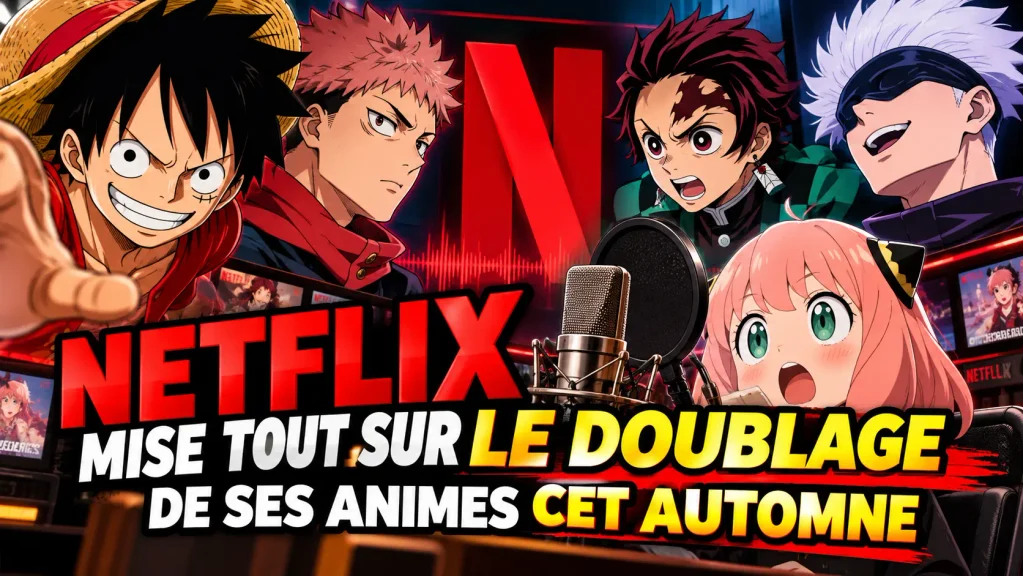 Personnages d’anime autour d’un microphone, annonce Netflix de doublage