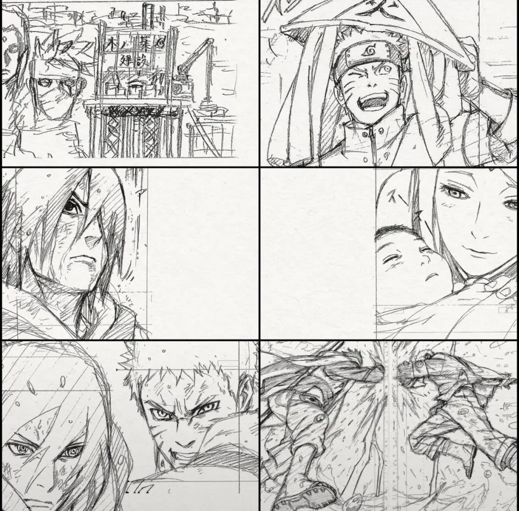 Planche de storyboard manga montrant Naruto et ses compagnons
